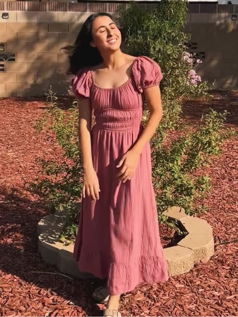Sim & Sam Womens Milkmaid Linen Dress Cottagecore Smocked Waist Cream Farmhouse